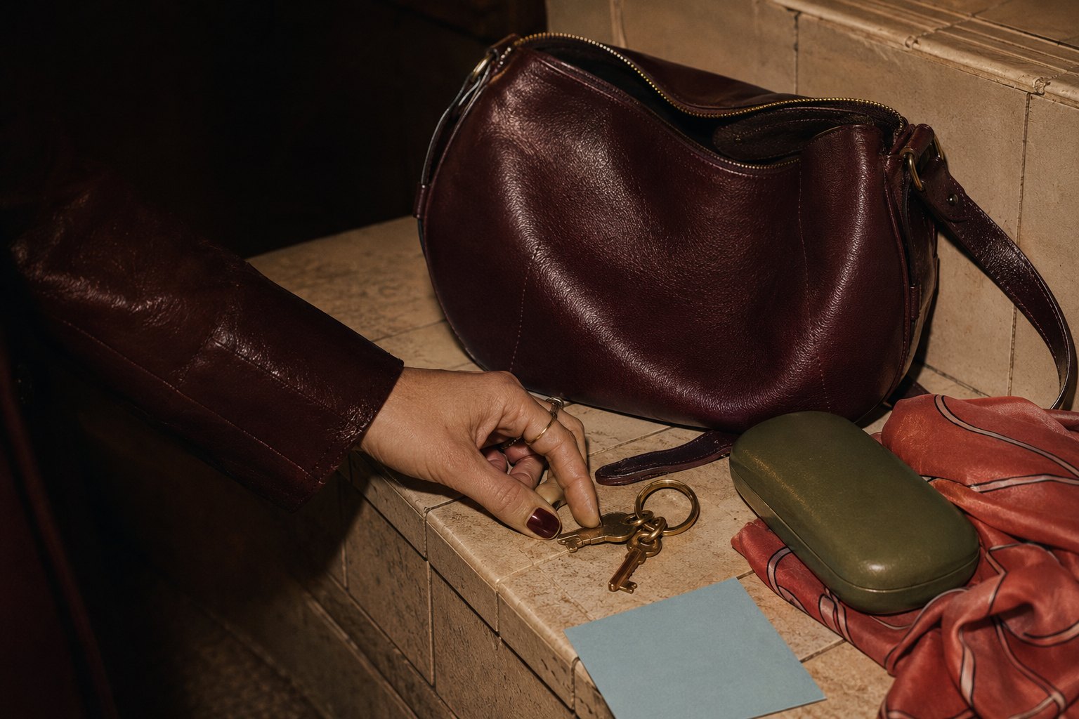 Burgundy worktable with a rotary telephone, brass scissors and torn paper swatches