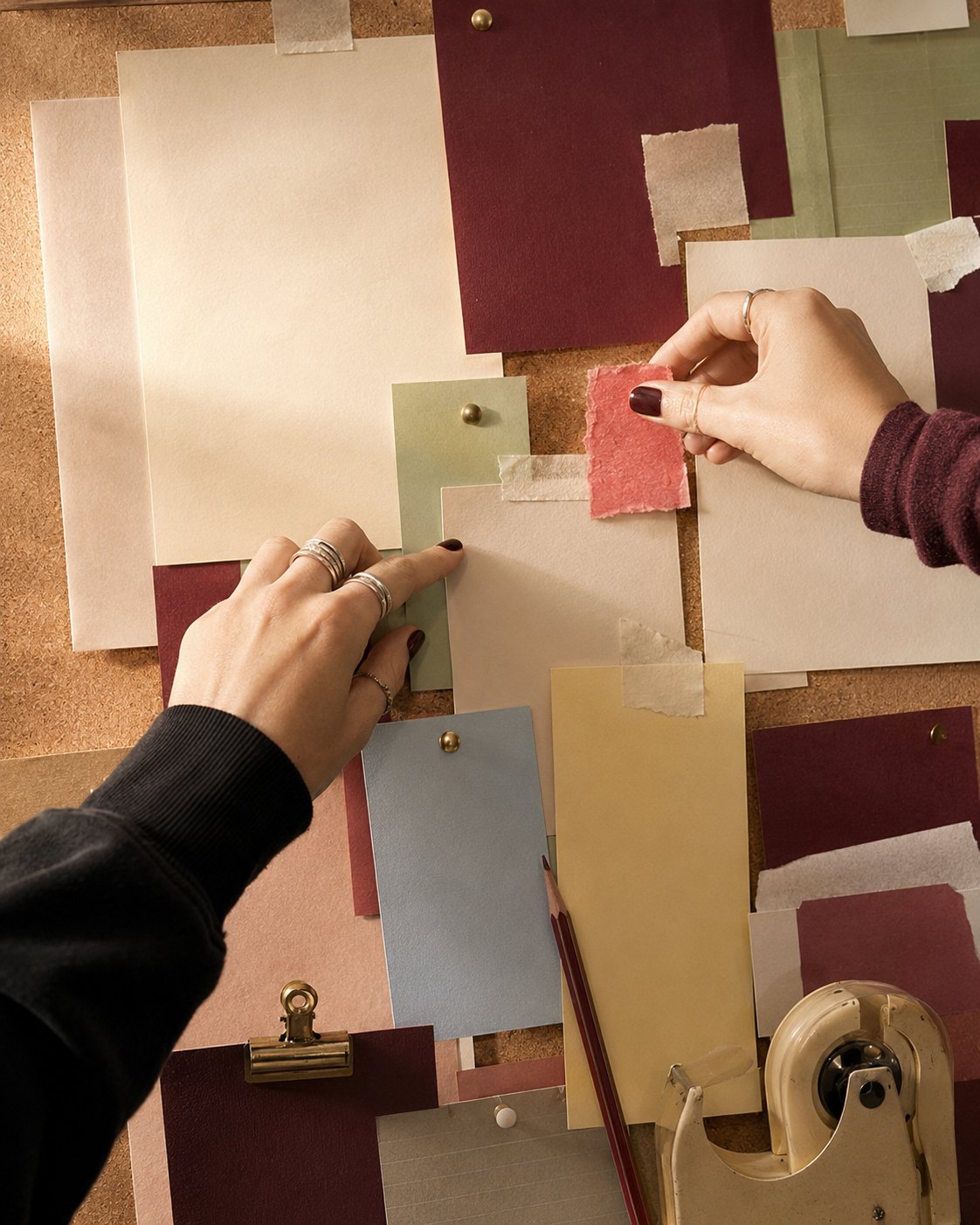Hands pinning cream, burgundy and powder blue papers to a cork board