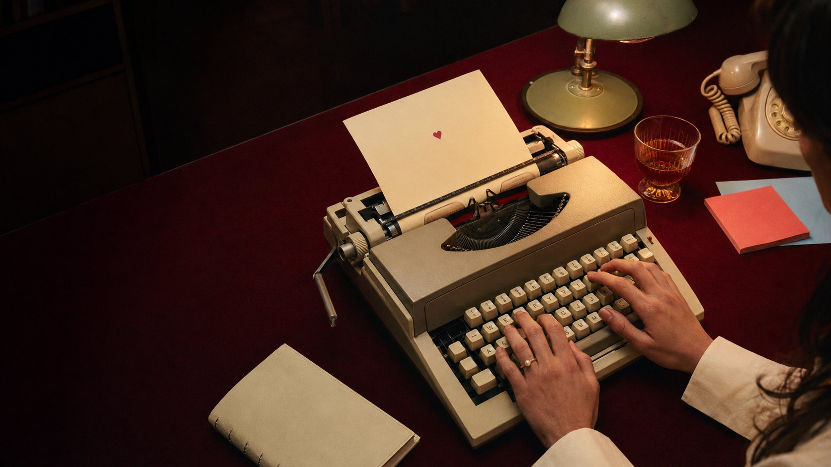 A woman typing a letter at a burgundy desk in lamplight
